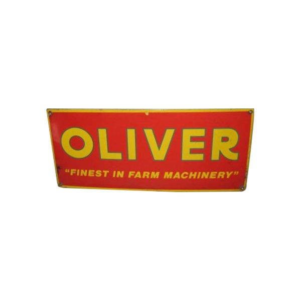 Red Oliver farm machinery sign with yellow lettering and border on white background