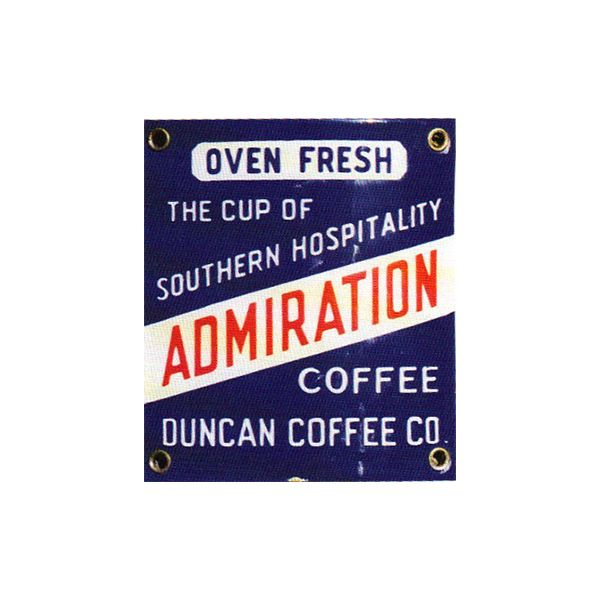 Vintage blue and white Duncan Coffee Co. sign reading “ADMIRATION” and “Oven Fresh”