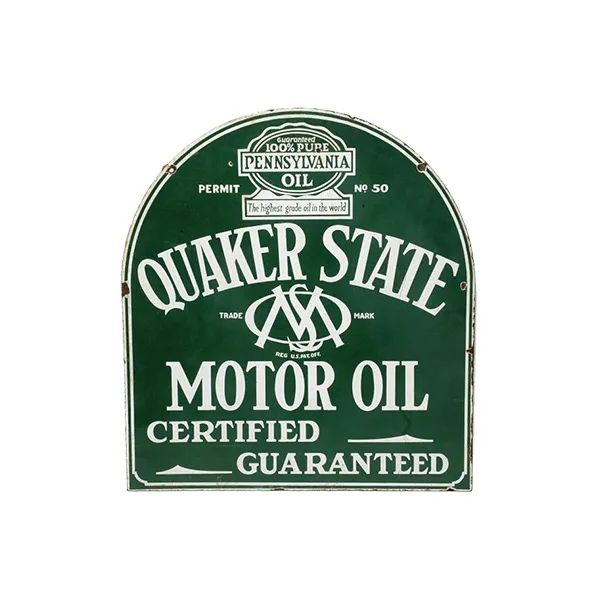 Green Quaker State motor oil sign with white text and a Pennsylvania Oil emblem