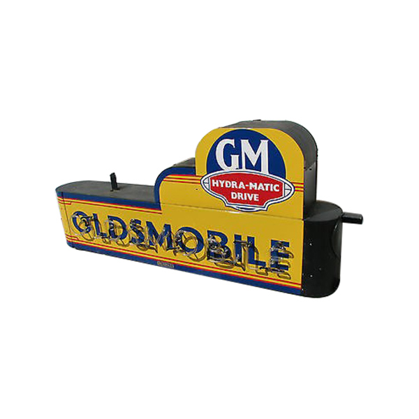 Vintage Oldsmobile dealership sign with GM Hydra-Matic Drive logo, in yellow and blue.