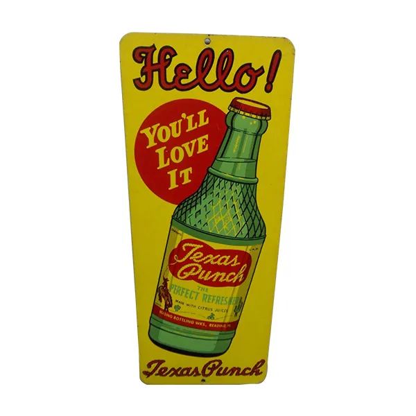 Vintage Texas Punch sign with a green bottle, red heart, and “Hello! You’ll Love It” text