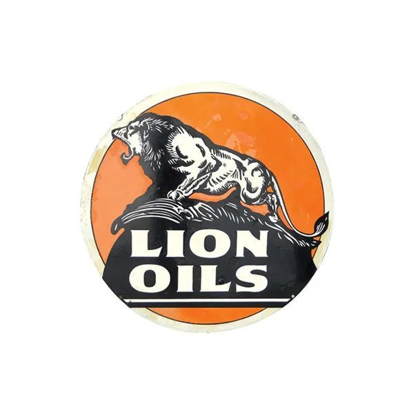 Lion Oils logo with a black-and-white lion over an orange circle