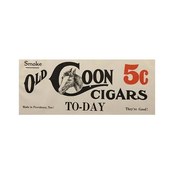Vintage ad for Old Coon Cigars, beige with black text and a red 5¢ price mark