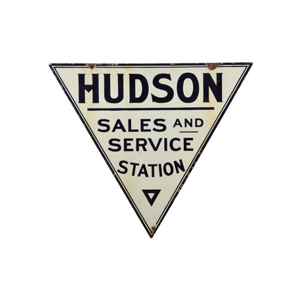 Triangular Hudson Sales and Service Station sign with black text on a cream background