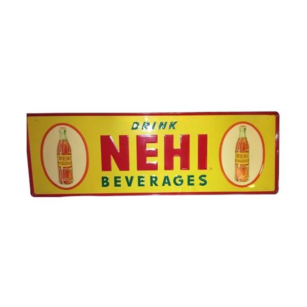 Yellow NEHI Beverages sign with red lettering and bottle logos on both sides