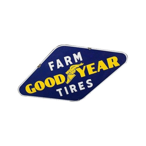 Blue Goodyear Farm Tires sign with yellow lettering and white text
