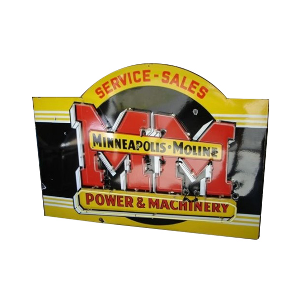 Vintage yellow sign reading “Minneapolis-Moline Power & Machinery” with red lettering and “Service-Sales” above