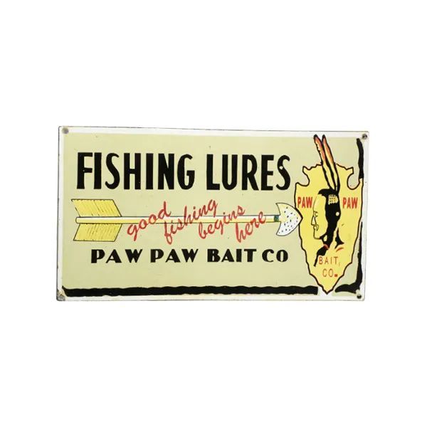 Vintage Paw Paw Bait Co. fishing lures sign with fish and yellow background