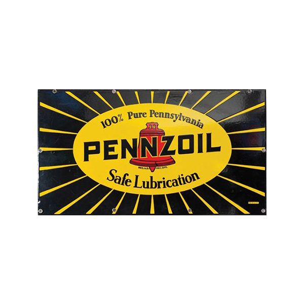 Pennzoil vintage sign with yellow oval logo and black background reading “Safe Lubrication” and “100% Pure Pennsylvania”
