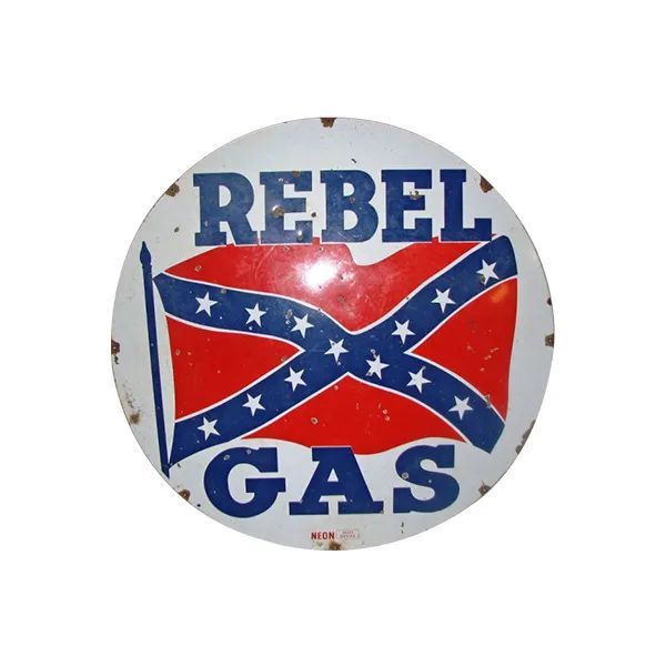 Circular Rebel Gas sign with a Confederate flag design in red, white, and blue.