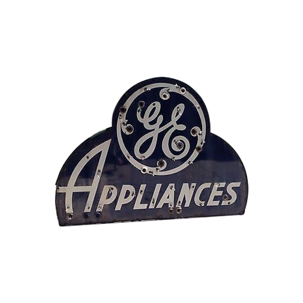 Vintage GE Appliances sign in black and silver with a circular GE logo above the word “APPLIANCES”