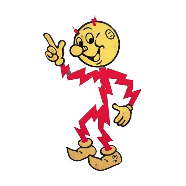 Cartoon yellow lightning character pointing upward, wearing red zigzag suit and brown shoes.