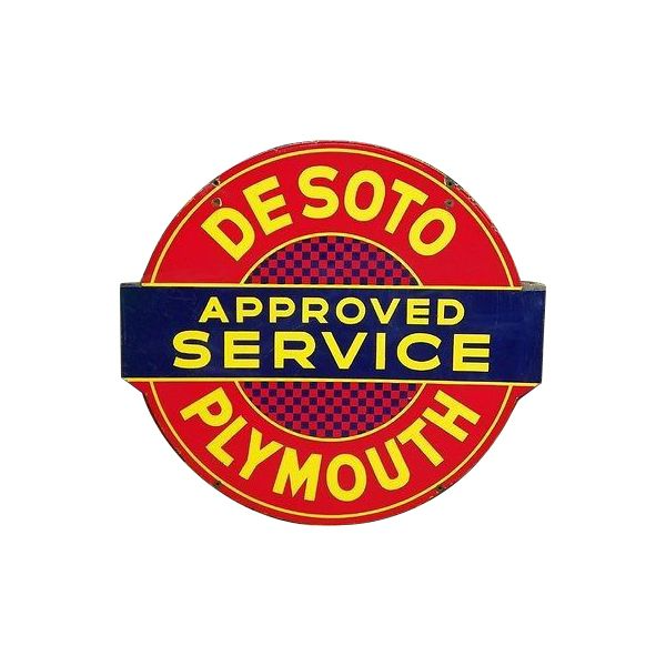 Vintage DeSoto Plymouth approved service logo, red circle with blue banner and yellow text