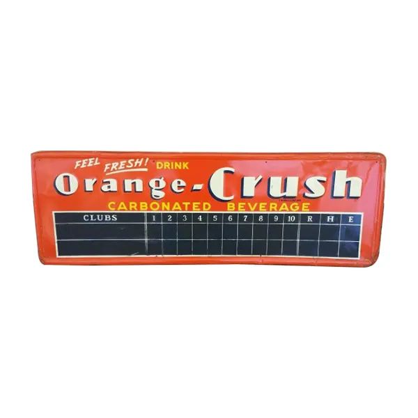 Orange-Crush soda crate label, orange and blue, with a calendar grid