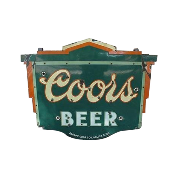 Vintage Coors Beer metal sign in green, orange, and white with script logo