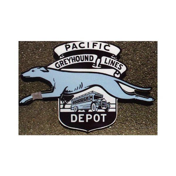 Pacific Greyhound Lines depot logo with a running greyhound and bus illustration on a black shield