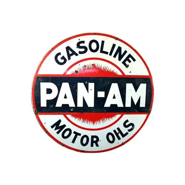 Pan-Am gasoline and motor oils circular vintage logo in red, white, and black