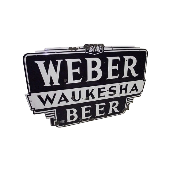 Black-and-white Weber Waukesha Beer sign with bold stacked lettering