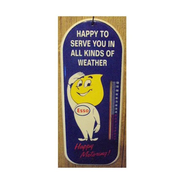 Vintage Esso sign with yellow mascot on blue background reading “Happy to Serve You in All Kinds of Weather.”