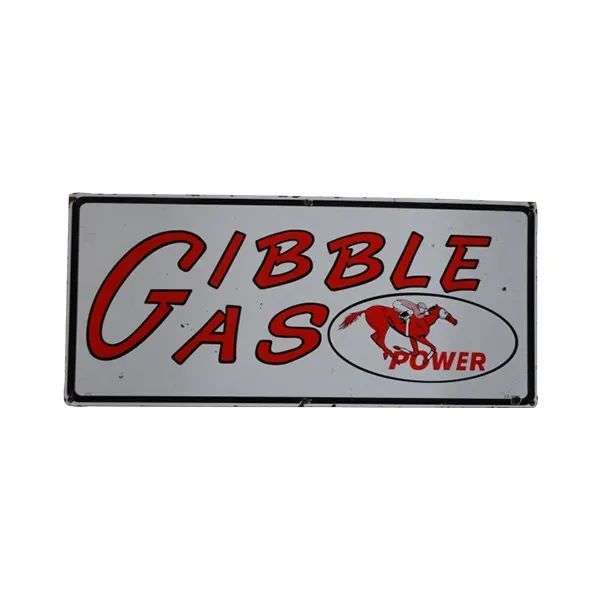 Gibble Gas Power logo on a gray sign with red lettering and a bull graphic