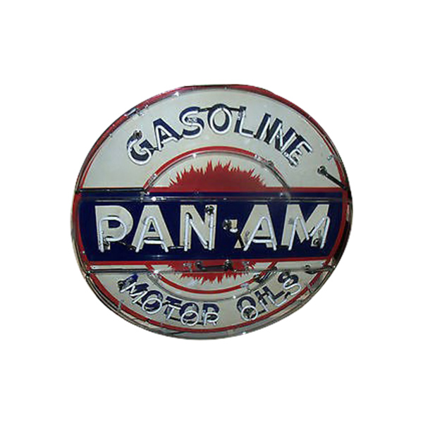 Round Pan-Am Gasoline Motor Oils vintage metal sign in red, white, and blue