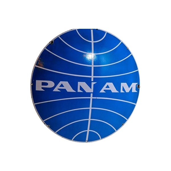 Blue Pan Am circular sign with white globe lines and logo