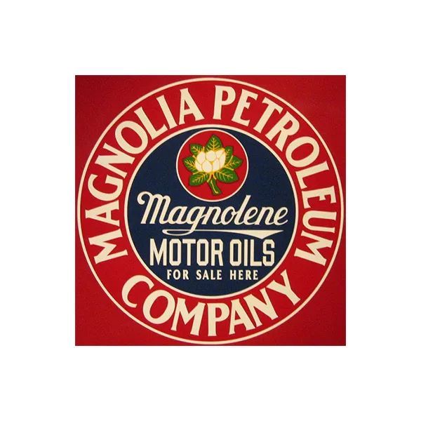 Vintage Magnolia Petroleum Company sign with red background, white circular logo, and “Magnolene Motor Oils” text