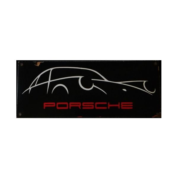 Stylized white Porsche outline on black with red Porsche wordmark