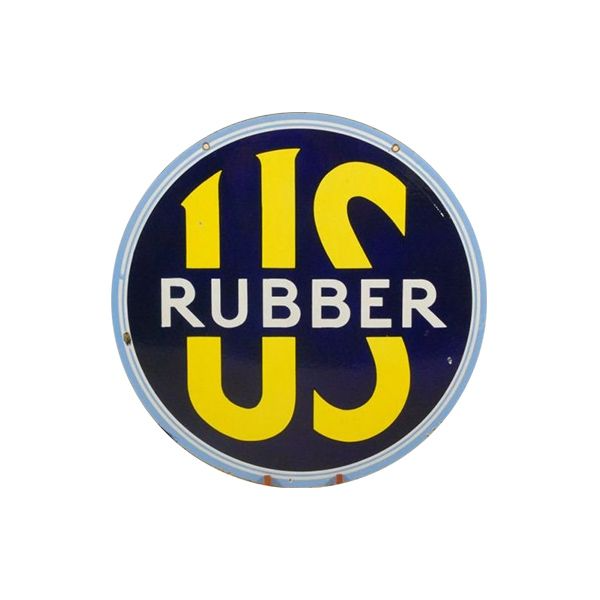 Round blue US Rubber sign with yellow letters on a white background