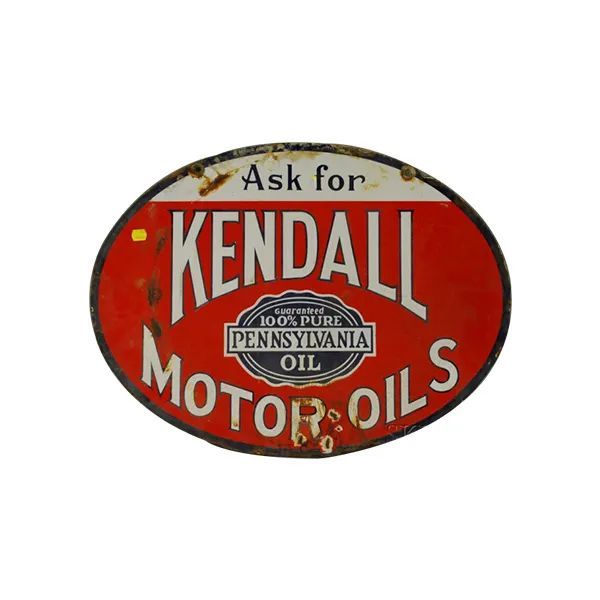 Vintage red oval Kendall Motor Oils metal sign with white lettering and a small Pennsylvania Oil logo
