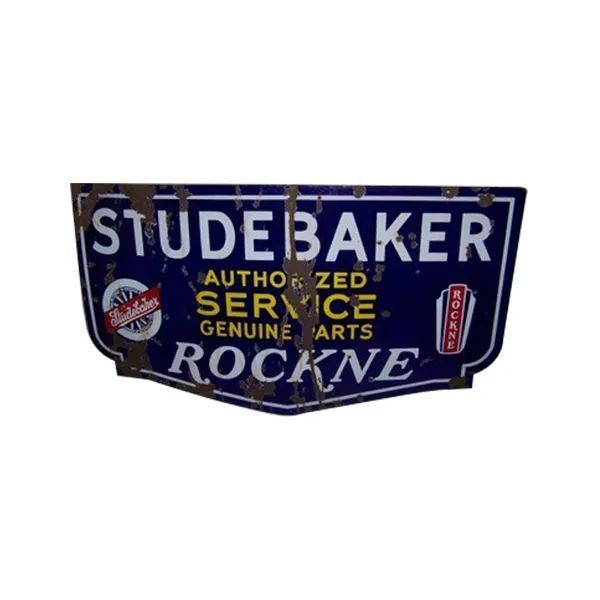 Blue Studebaker Rockete auto service sign with white lettering and yellow starburst center