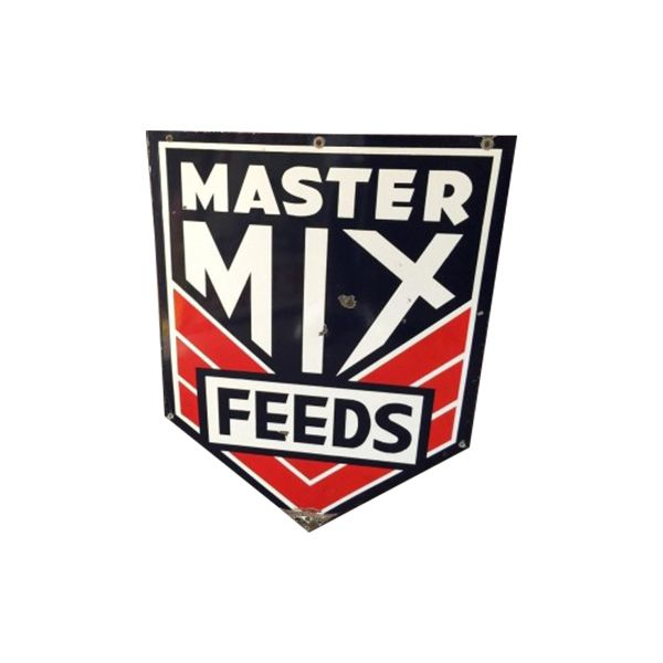 Master Mix Feeds shield logo in black, white, and red with bold text