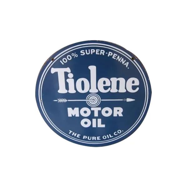 Blue circular Tiolene Motor Oil logo with “100% Super-Penna” text