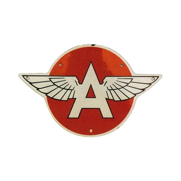 Red circular emblem with a white winged letter A centered on it