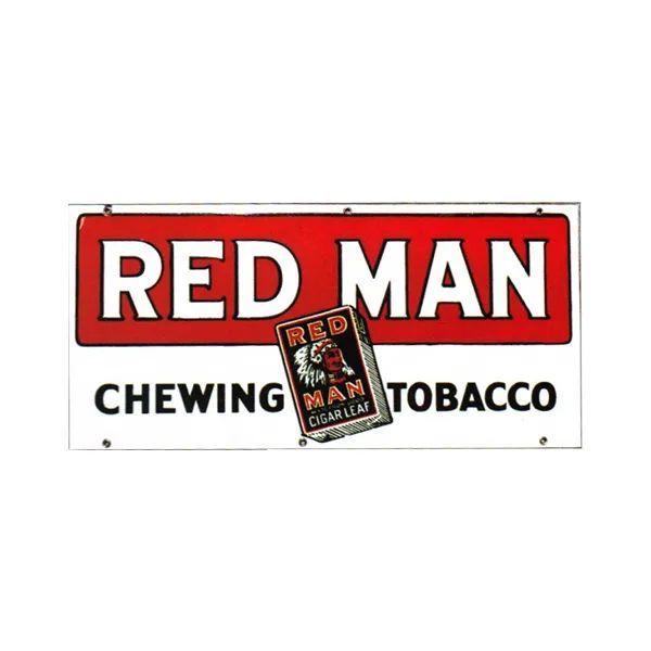 Red Man chewing tobacco sign in red, white, and black with a small tobacco tin logo