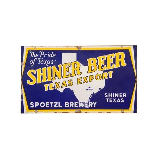 Vintage blue-and-yellow Shiner Beer Texas Export sign from Spoetzl Brewery, Shiner, Texas