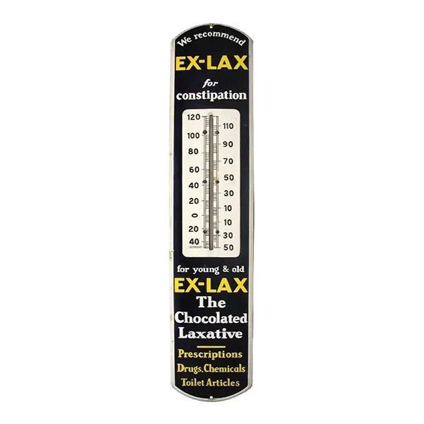 Vintage black EX-LAX thermometer-shaped package for constipation relief with red and white lettering