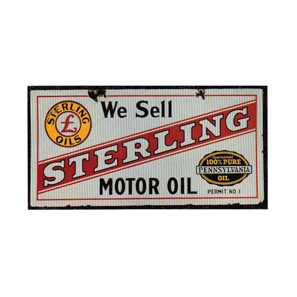 Vintage Sterling Motor Oil sign with red, black, and cream lettering on a white background