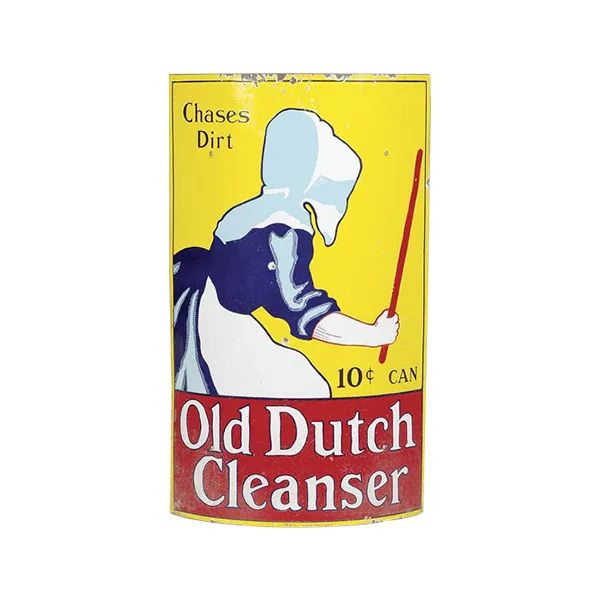 Vintage Old Dutch Cleanser can with yellow label and woman scrubbing with a brush