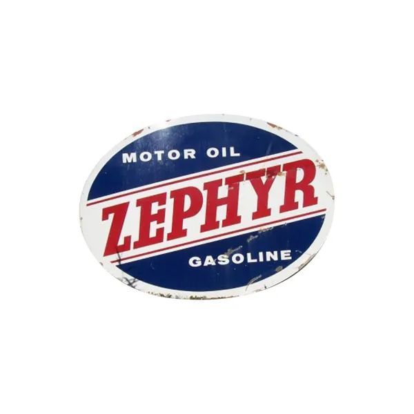 Blue oval Zephyr motor oil and gasoline sign with red lettering