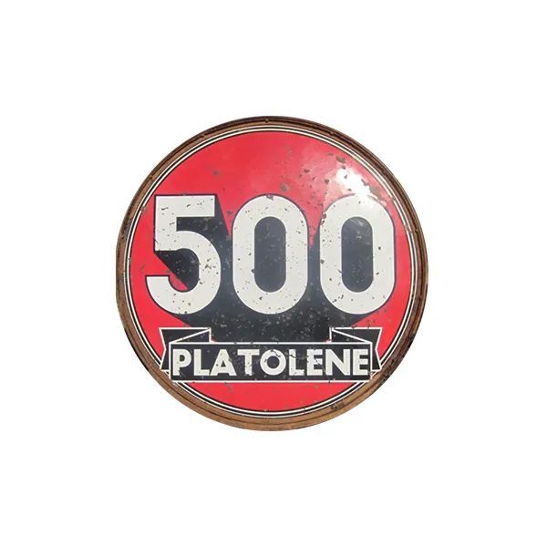 Red and white Platonene 500 circular logo sign on a white background