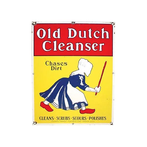 Old Dutch Cleanser poster with a woman scrubbing, red-and-yellow background, “Chases Dirt” text