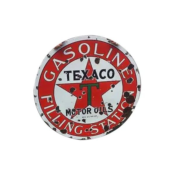 Vintage Texaco gasoline filling station sign, red and white circular logo with star and motor oil text