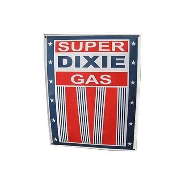 Vintage Super Dixie Gas sign in red, white, and blue with stars and vertical stripes