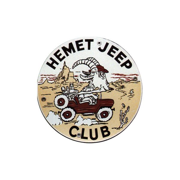 Hemet Jeep Club circular logo with a cartoon jeep driving in a desert scene.
