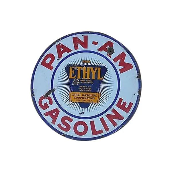 Vintage Pan-Am Gasoline sign with blue background, red lettering, and an Ethyl logo in the center