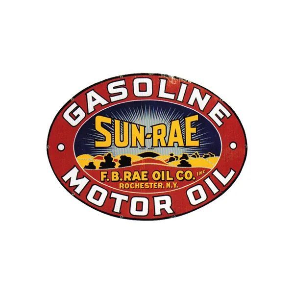 Red Sun-Rae gasoline and motor oil vintage oval sign with yellow and black lettering