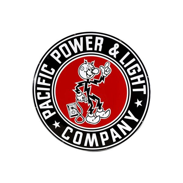Pacific Power & Light Company logo with a cartoon mascot in red and black circle