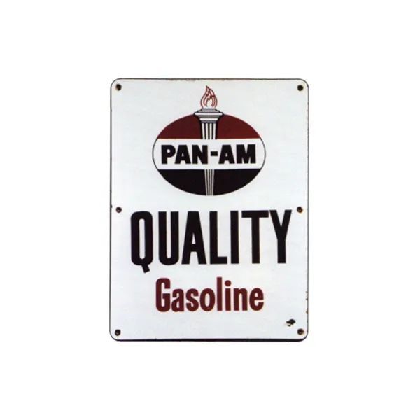 Pan-Am Quality Gasoline sign with red, black, and white logo on a white background