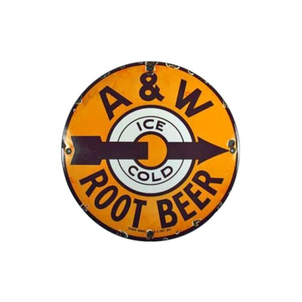 A&W Root Beer round orange metal sign with black lettering and an arrow over “ice cold” text
